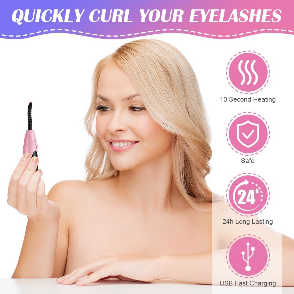 LOPHE Recourbe Cils Chauffant,Recourbe Cil Professionnel Recourbe-Cils Électrique Portable Avec Brosse 3 Modes De Température Recourbe-Cils Lash Lift USB Rechargeable Longue Durée(Rose)